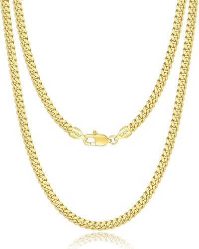 Eterjew Italian Solid 18k Gold Over 925 Sterling Silver Chain Necklace, 3.5mm Cuban Link, Sturdy & Shiny