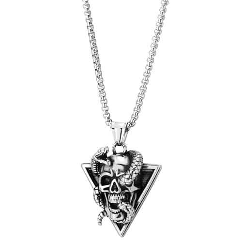 COOLSTEELANDBEYOND Punk Rock Triangle Snake Skull Pendant Necklace, 30 inches