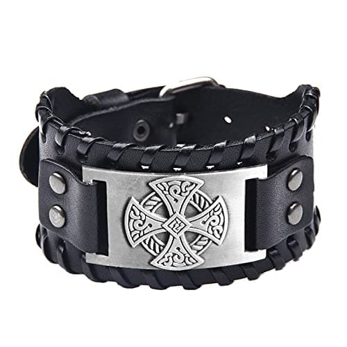 Celtic Solar Cross Bracelet, Leather Wristband with Irish Charm