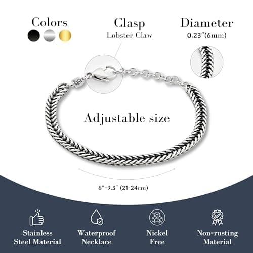 Galis Men's Premium Stainless Steel Snake Chain Bracelet, Silver Plated 7.5"