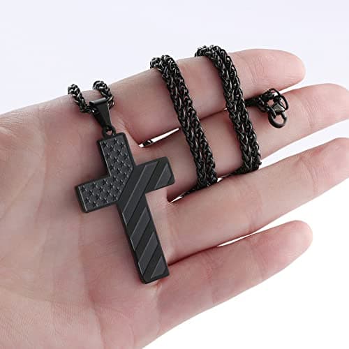 DuoDiner 24 Inch Cross Necklace for Men Boys Kids - Bible Verse American Flag Pendant Baptism First Communion Graduation