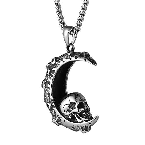 HZMAN Gothic Retro Moon Crescent Skull Stainless Steel Pendant Necklace