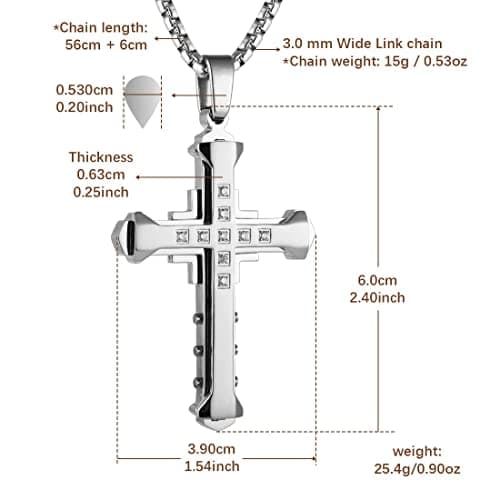 HZMAN Men's Byzantium Stainless Steel Cross Necklace with 22+2 Inch Chain