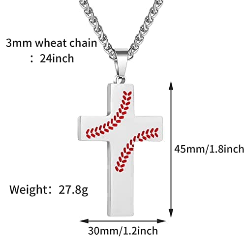 Zcombe Graduation Gift: Boys Men Baseball Cross Necklace, Stainless Steel 24 Inches