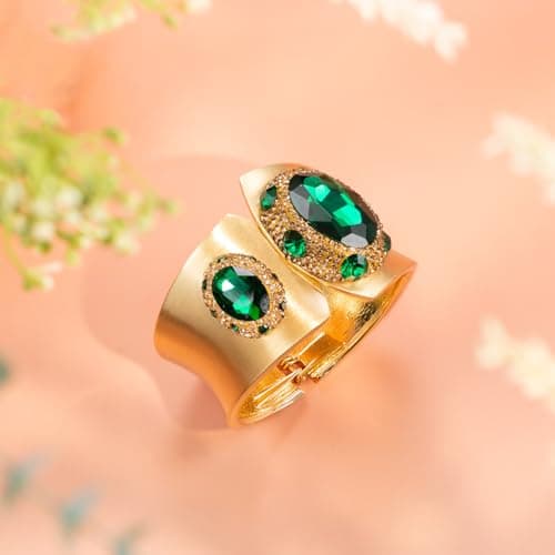 HZMAN Chunky Green Crystal Cuff Bracelet for Women Gold Plated Jewelry Gift