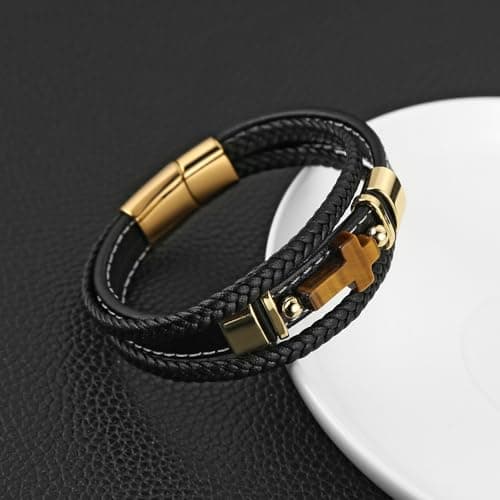 HZMAN Hand-Woven Genuine Leather Tiger Eye Cross Bracelets for Men