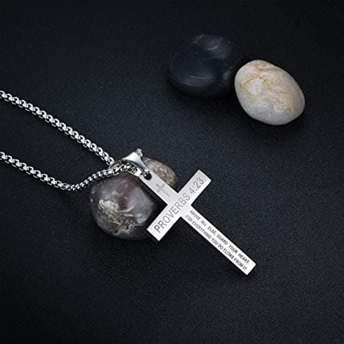Stainless Steel Proverbs 4:23 Cross Pendant Necklace Black Gold Silver Chain