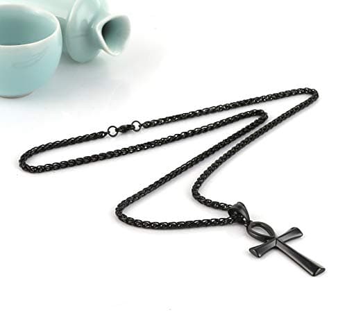 HZMAN Stainless Steel Coptic Ankh Cross Pendant Necklace, 22+2 Rope Chain