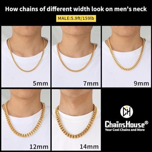 ChainsHouse 18K Gold Miami Cuban Chain Necklace, Black, 5mm-14mm Width, Durable Gift Box