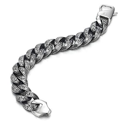 Vintage Stainless Steel Men's Curb Chain Bracelet with Tribal Tattoo Pattern