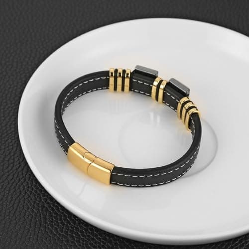 HZMAN Men's Minimalist Stainless Steel Hematite Bracelet, 8.5 İnch Genuine Leather