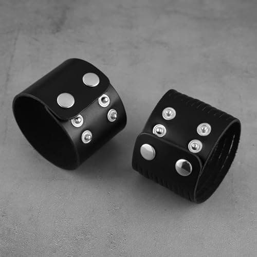 HZMAN 2Pcs Genuine Leather Men's Punk Wide Cuff Bracelets