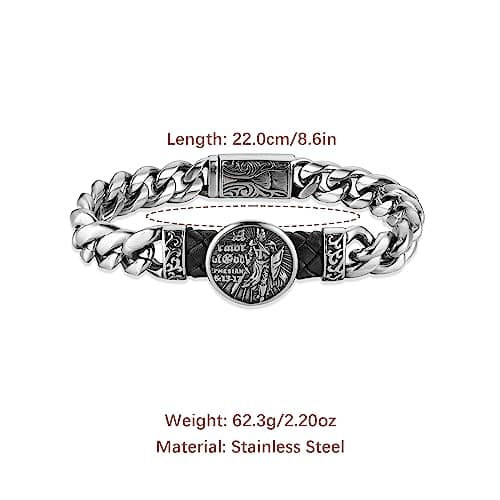 Knight Templar Red Cross Bracelet: Armor of God Stainless Steel Cuban Chain Link Bracelet