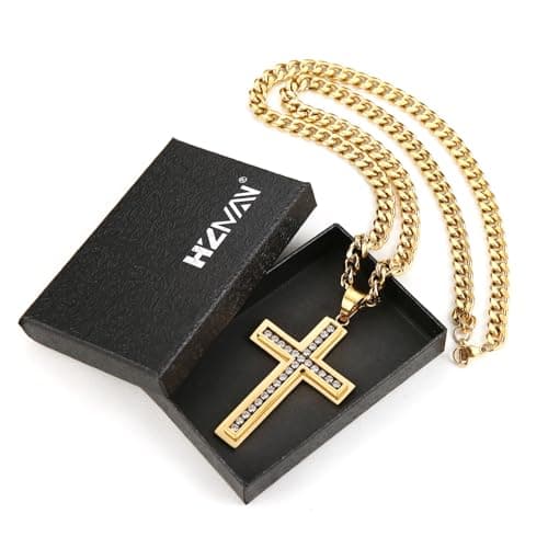 Men's Stainless Steel Cross Pendant Necklace with Cubic Zirconia Inlay and Cuban Chain