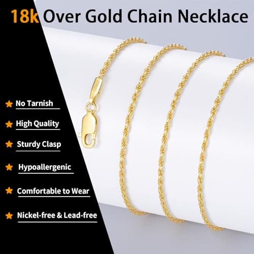 18K Gold Over 925 Sterling Silver Rope Chain Necklace for Women - Shiny & Durable Women's Necklaces