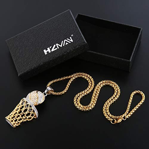 HZMAN Basketball Hoop Necklace for Men Boy Stainless Steel 18K Gold Plated Cubic Zirconia Sports Pendant