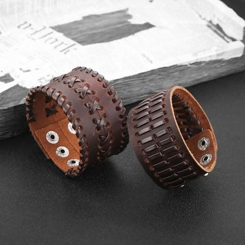 HZMAN Brown Retro Leather Cuff Bracelet for Men