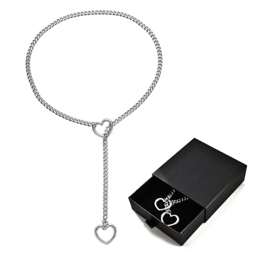 Qitian Men's Punk Gothic Stainless Steel Y-Necklace, Adjustable Heart O-Ring Necklace