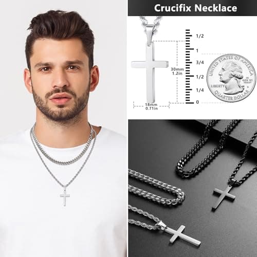 Romass Men's Silver & Black Layered Cross Necklace, Stainless Steel Pendant 18-24 Inches