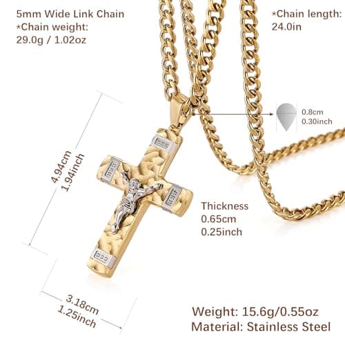 HZMAN Men's Stainless Steel Small Crucifix Necklace Christian Jewelry with 24Inch Cuban Chain