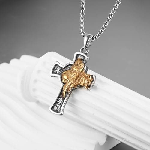 HZMAN Men's Gothic Lion Head Stainless Steel Cross Necklace with 24in Chain
