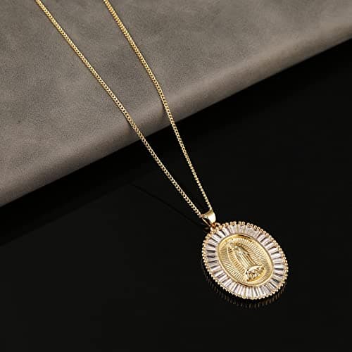Gold Plated Virgin Mary Necklace for Women with Cubic Zirconia Halo