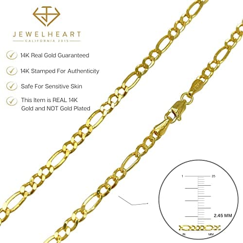 JEWELHEART 14K Gold Figaro Chain Necklace - Diamond Cut Cuban Link, Lobster Clasp, 16-28"