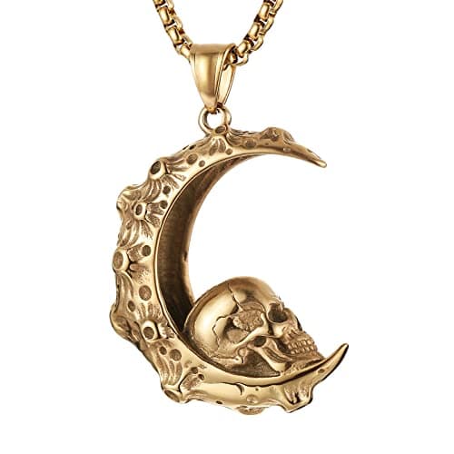 HZMAN Gothic Retro Moon Crescent Skull Stainless Steel Pendant Necklace