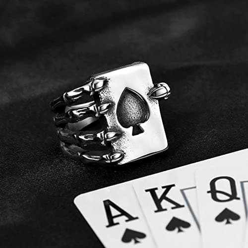 Stainless Steel Gothic Skull Hand Claw Poker Playing Card Ace of Spades Ring for Men and Women, Size 8-13
