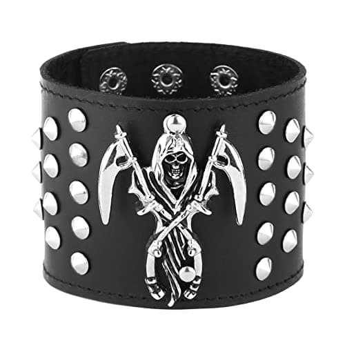 HZMAN Black Death Skull Leather Cuff Bracelet for Men