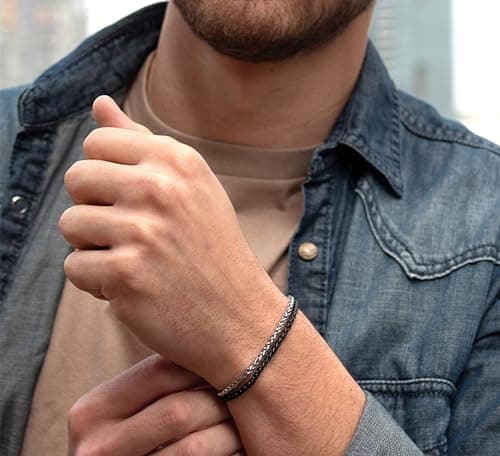 Galis Stainless Steel Rope Chain Bracelet for Men - Silver & Black 7"