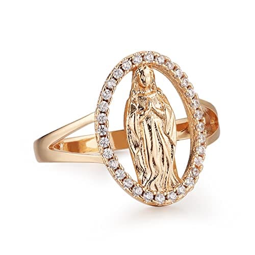 14K Gold Plated Virgin Mary Ring for Women - Religious Guadalupe CZ Jewelry