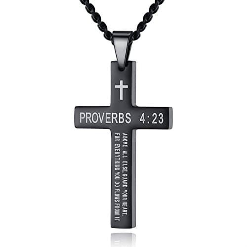 REVEMCN Men's Black Silver Stainless Steel Cross Necklace Faith Jewelry