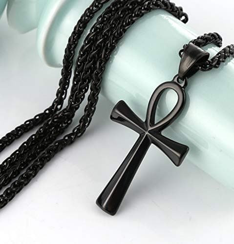HZMAN Stainless Steel Coptic Ankh Cross Pendant Necklace, 22+2 Rope Chain