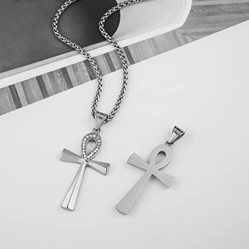 HZMAN Stainless Steel Coptic Ankh Cross Pendant Necklace, 22+2 Rope Chain