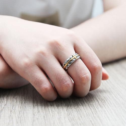 HZMAN Men's Stainless Steel Retro Hammered Cross Ring 6.5mm Wide Stackable Band Jewelry Gift