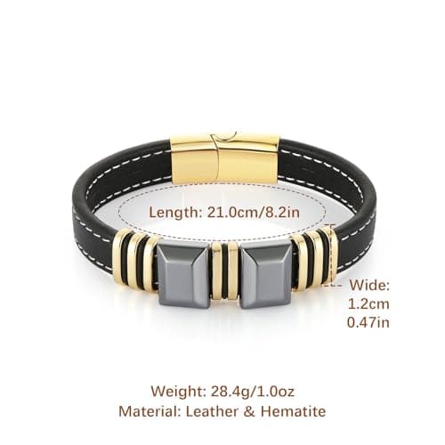 HZMAN Men's Minimalist Stainless Steel Hematite Bracelet, 8.5 İnch Genuine Leather