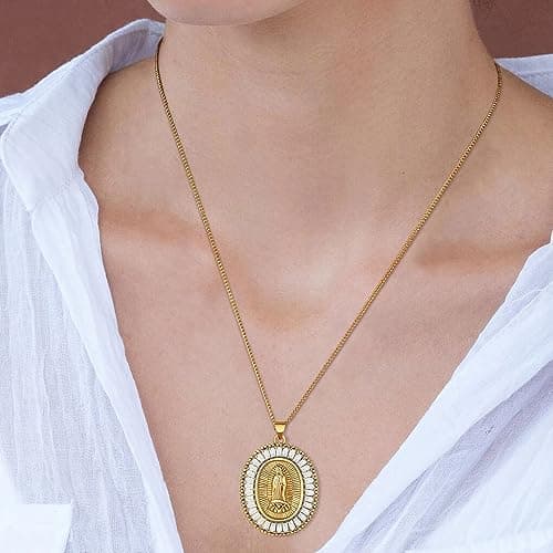 Gold Plated Virgin Mary Necklace for Women with Cubic Zirconia Halo
