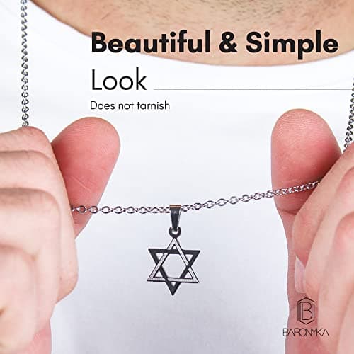 Baronyka Men's Stainless Steel Star of David Necklace, 24" with Extension