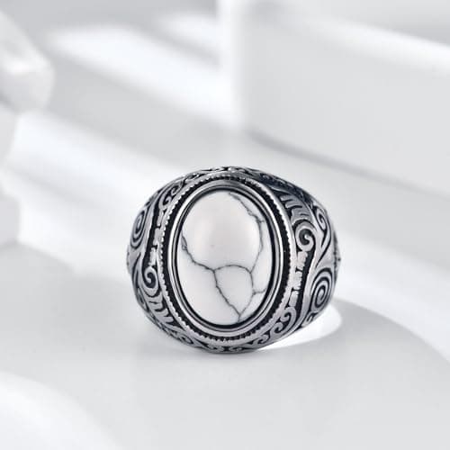 Retro Turquoise Stone Rings for Men, Stainless Steel Signet Biker Band