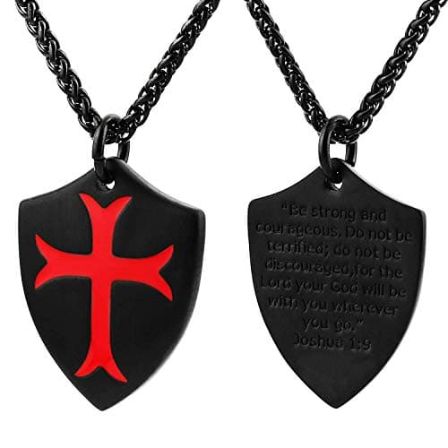 HZMAN Knights Templar Cross Joshua 1:9 Shield Pendant Necklace with Chain
