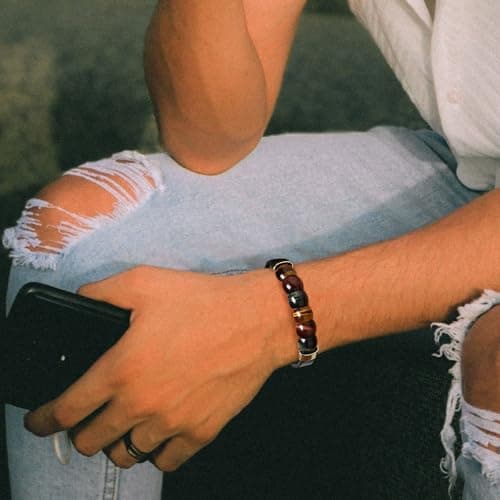 HZMAN Mens Gradient Tiger Eye Leather Bracelet for Leisure and Business
