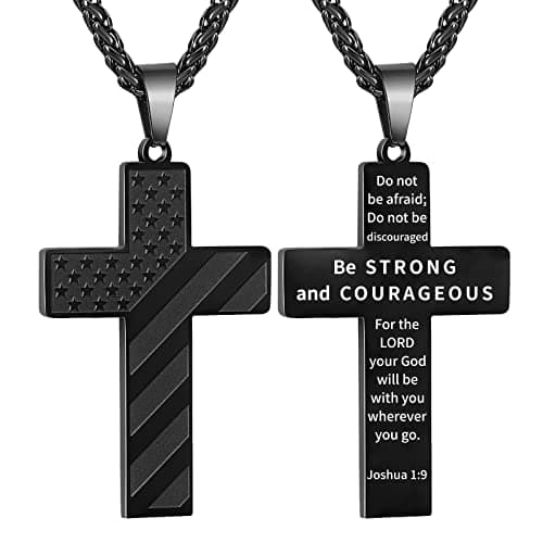 DuoDiner Graduation Gift: 18+2 Inch Cross Necklace with Bible Verse & American Flag Pendant for Men & Boys