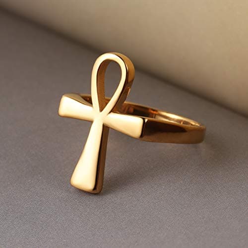 HZMAN Polished Stainless Steel Egyptian Ankh Cross Ring for Men & Women with Gift Bag