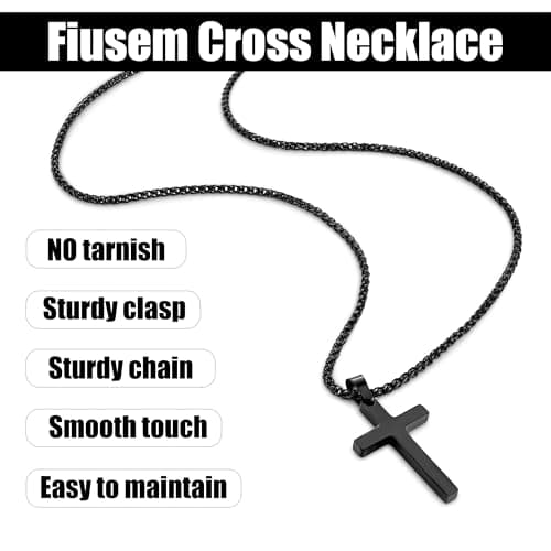 Men's Black Cross Necklace, 16-24 Inch Stainless Steel Chain