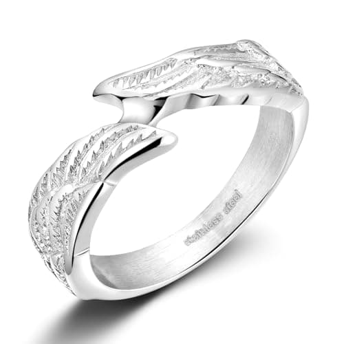 TIGRADE Antique Stainless Steel Feather Angel Wing Ring, Black Silver Band, Size 4.5-14.5