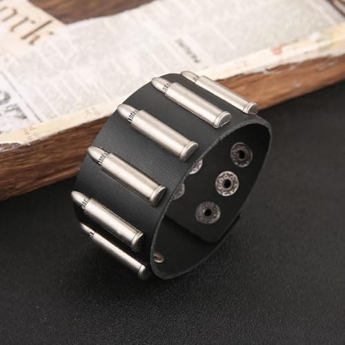 HZMAN Black Leather Bullet Bracelets for Men Adjustable Gotha Punk Cuff Jewelry