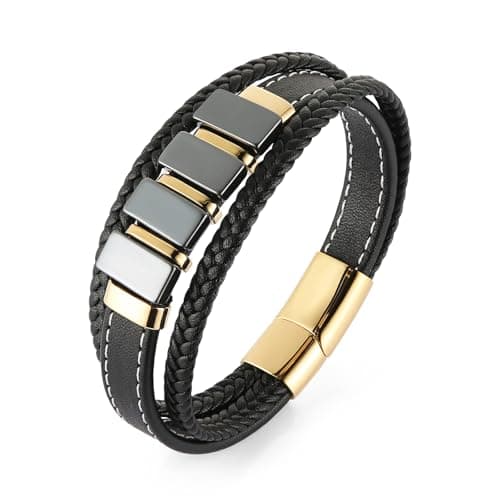 HZMAN Men's Minimalist Stainless Steel Hematite Bracelet, 8.5 İnch Genuine Leather