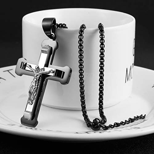 HZMAN Stainless Steel Cross Pendant Necklace for Men, Silver Gold Black Multicolor, 22 Inch Chain