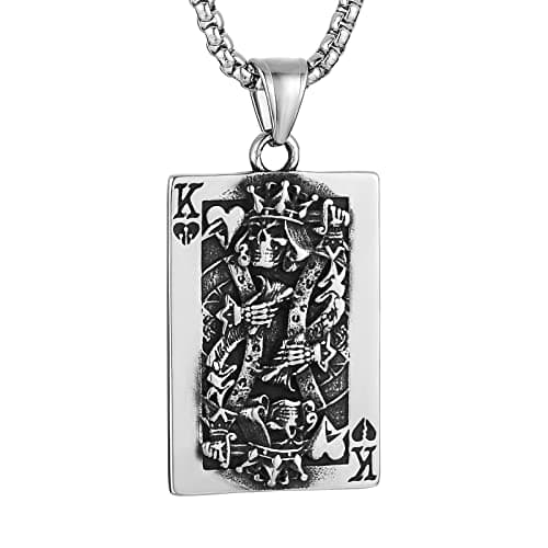 HZMAN Gothic Retro Skull Playing Card Stainless Steel Pendant Necklace